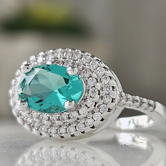 Double Halo Oval Turquoise Gemstone Ring, 925 Sterling Silver Charmed Aroma - Picture 1 of 8
